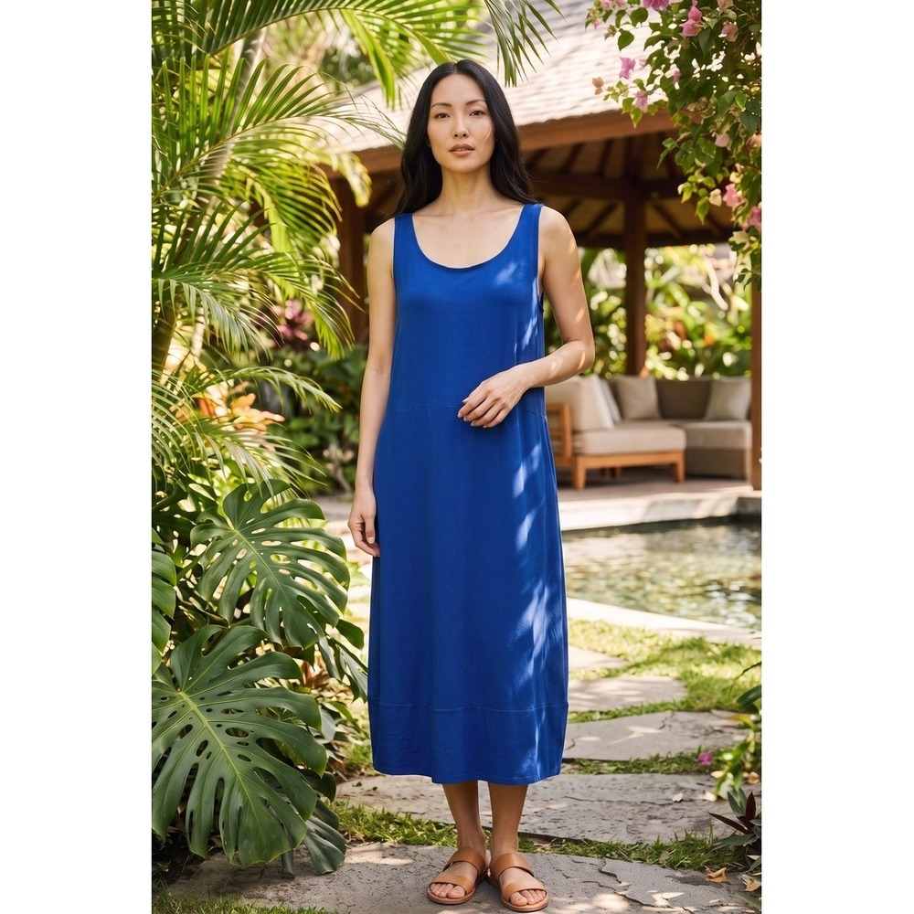 Eileen Fisher Woman Royal Blue Jersey Midi Tank Dress Keyhole Back 1X Sleeveless
